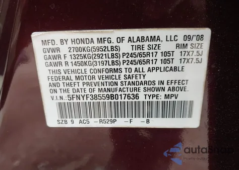 2009 Honda Pilot из США, поврежденный, VIN 5FNYF3H559B017636